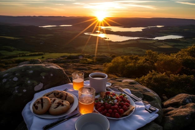 Foto zonsopgang ontbijt te midden van bergtoppen en wolken