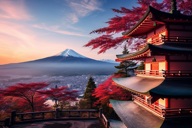 Foto zonsopgang op de berg fuji en de chureito-pagode