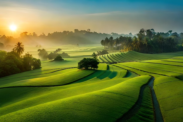 zonsopgang op een groen veld