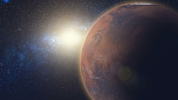 Zonsopgang op mars in zonnestralen vanuit de ruimte. rode planeet close-up roteren, draaiend om zijn as in zwart universum van sterren. hoge detail 3d-animatie. elementen van deze afbeelding geleverd door nasa