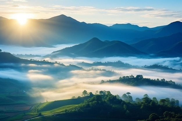 zonsopgang over de vallei van mist en de vallei