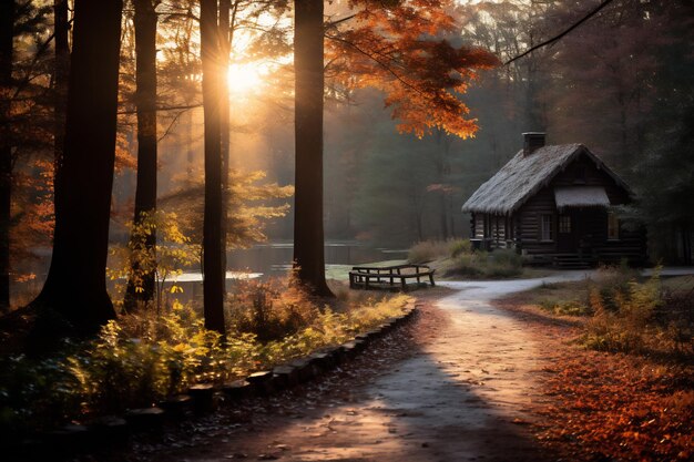 zonsopgang over een boslandschap met herfstbladeren