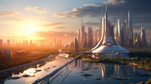 zonsopgang over een futuristische stad met achtergrond