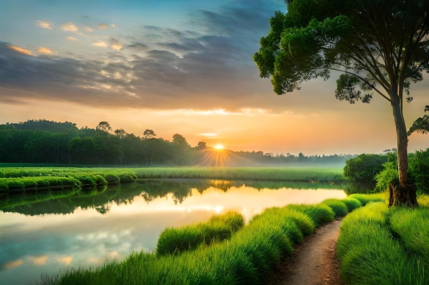 zonsopgang over een rivier met een zonsopgang en een boom op de achtergrond