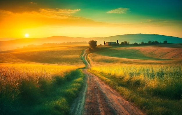 Zonsopgang over een weg die leidt naar een veld met een geel veld