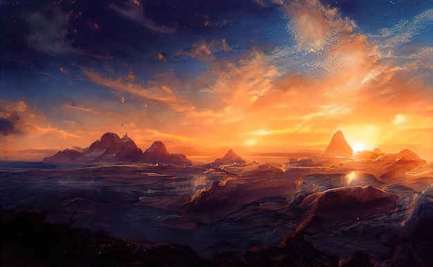 Zonsopgang zonsondergang in bergen fabelachtig landschap van bergtoppen Stralen van de zon verlichten de hellingen van de bergen Magische natuurillustratie
