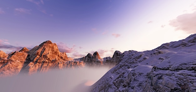 Zonsopgangscène met de piek van berg en cloudscape. panorama van de nachtelijke hemel.