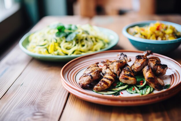 Photo zoodles and grilled chicken on a rustic plate