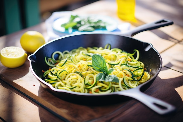 Zoodles in a skillet with garlic and olive oil