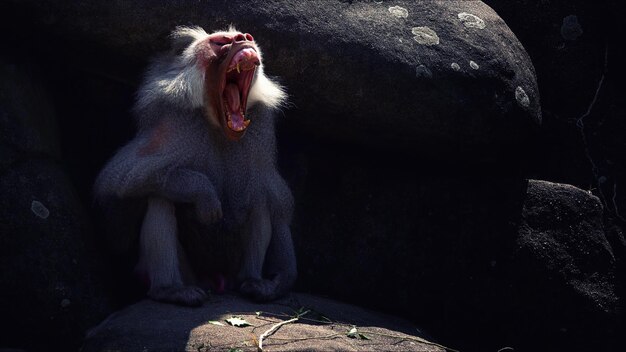 Zoogdier Chimpansee-aap op rotsen in de dierentuin