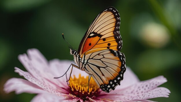 Zoom in of a butterflys wings as it lands on a vibrant flower