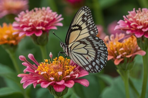 Zoom in of a butterflys wings as it lands on a vibrant flower