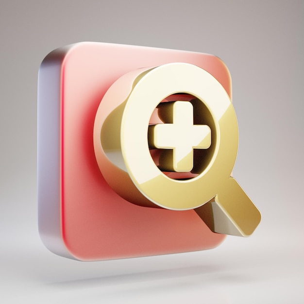 Zoom In icon. Golden Zoom In symbol on red matte gold plate. 3D rendered Social Media Icon.