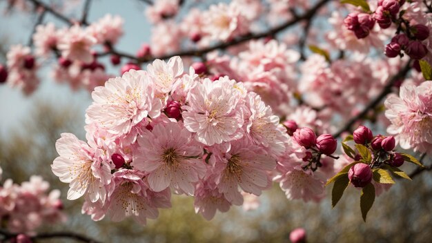 写真 緑豊かな自然の背景に日本の桜の花の複雑な細部をズームインします