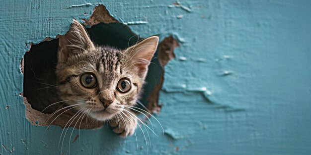 Zoom in op een foto van een blauwe muur en een kat in het holle blauwe gat AIGX03