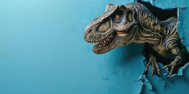 Foto zoom in op een foto van een blauwe muur en een t-rex in een hol blauw gat.