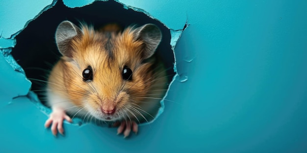 Zoom in op een foto van een brekende blauwe muur en een hamster in een hol blauw gat AIGX03