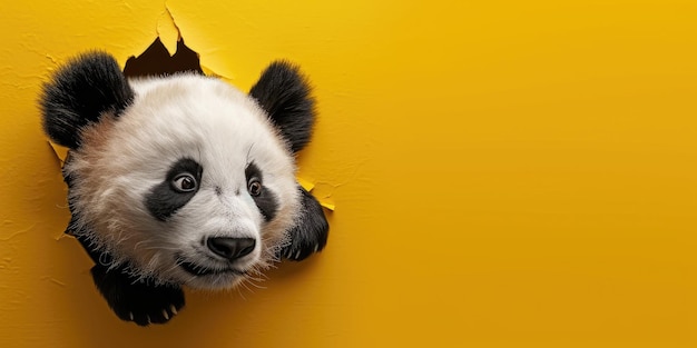 Zoom in op een foto van een gebroken gele muur en de panda in een geel gat.