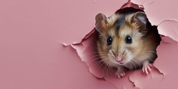 Foto zoom in op een foto van een roze muur en een hamster in een roze gat.