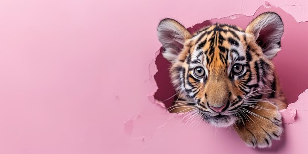 Фото Увеличьте изображение разрыва розовой стены и тигра в полой розовой дыре aigx03