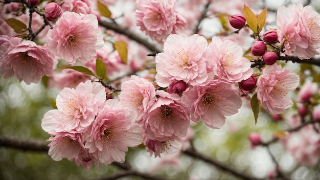 緑豊かな自然の背景に日本の桜の花の複雑な細部をズームインします