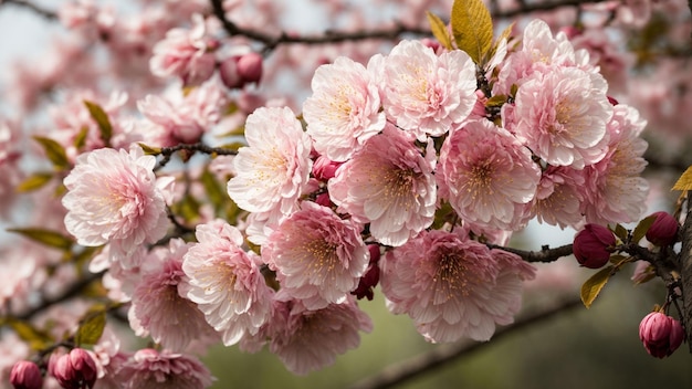 緑豊かな自然の背景に日本の桜の花の複雑な細部をズームインします