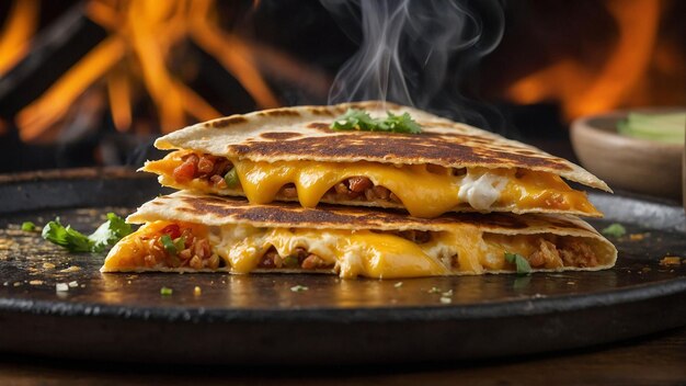 Zoom in on the mouthwatering layers of smoked cheese in a closeup shot of a woodfired quesadilla