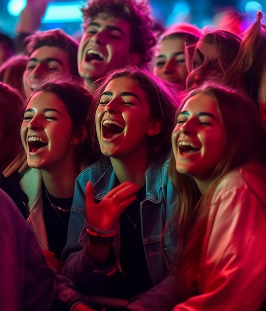 Zoom out festival concert group of friends having fun dancing singing along midnight crowded