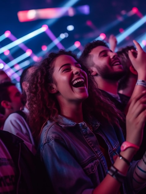 Zoom out festival concert group of friends having fun dancing singing along midnight crowded