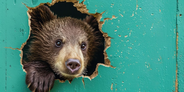 緑の壁と緑の穴のクマの画像をズームインする