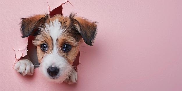 Zoom in picture of breaking pink wall and a dog in the hollow pink hole aigx