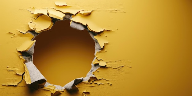 Zoom in picture of breaking yellow wall and a hollow cracking big hole AIGX03