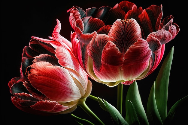 zoom in on several vibrant tulips in red and pink