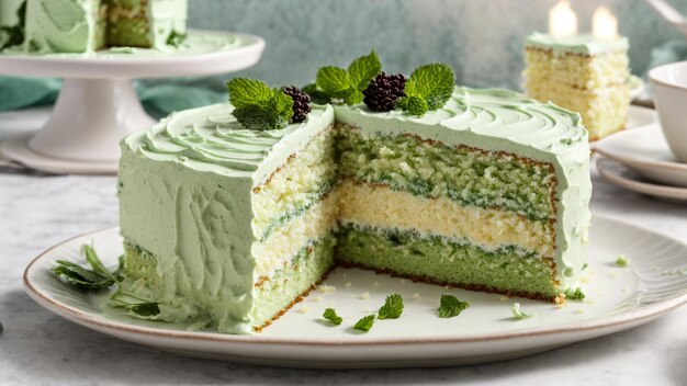 Zoom in on slices of a green cream cake neatly arranged on a white plate Showcase the details of th