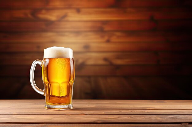 Zoomed in on a mug of golden Pale Ale beer creating a silhouette against a wooden table with empty