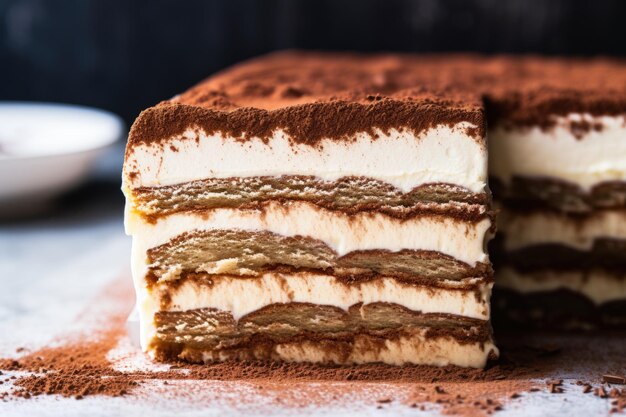 Zoomed in shot of tiramisu cream layers texture