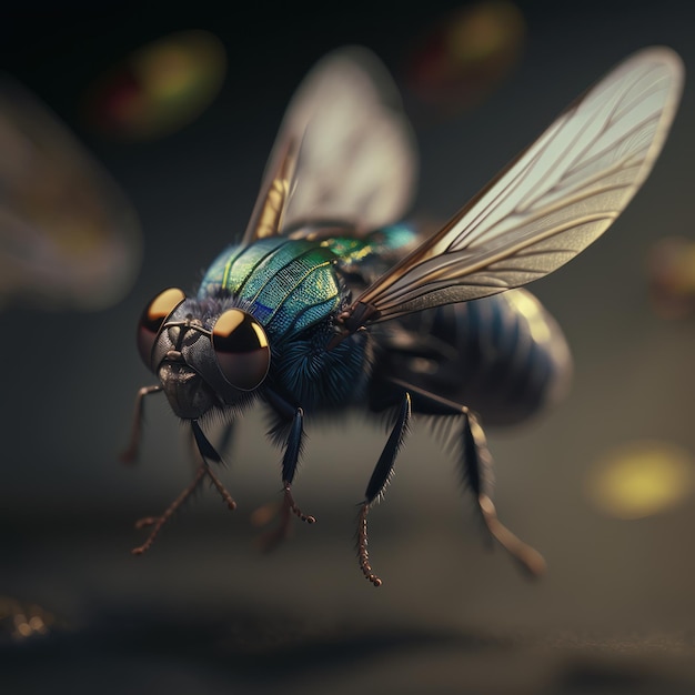 Увеличенный вид летающей комнатной мухи в кинематографической глубине резкости