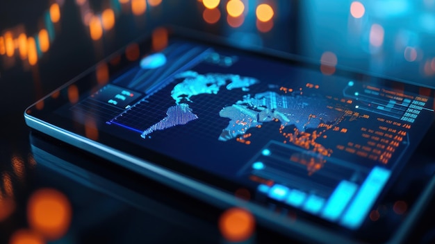 Zoomedin image of a tablet showing an interactive global economy model data points highlighted