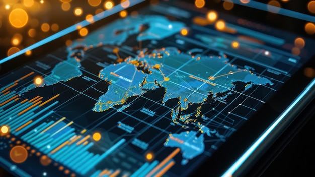 Zoomedin image of a tablet showing an interactive global economy model data points highlighted