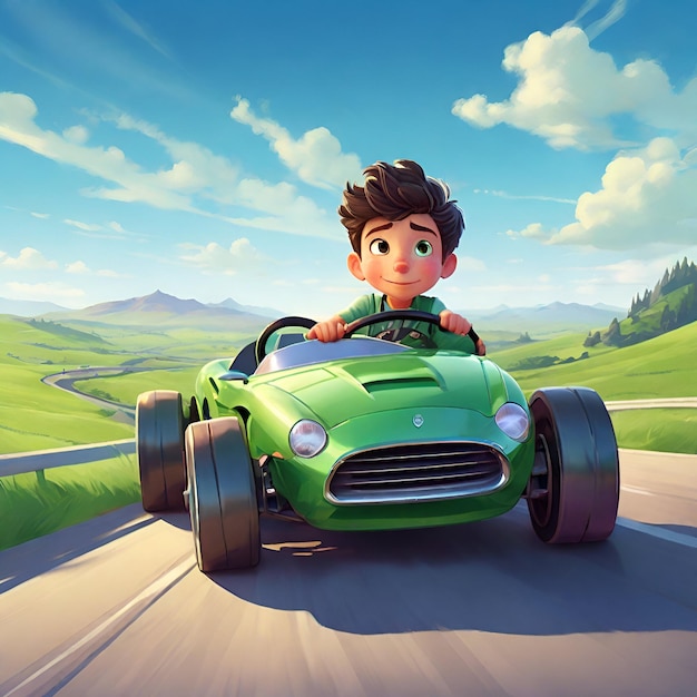 Photo zooming adventures boy in green racing car illustration