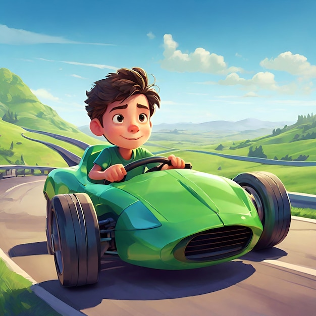 Фото Приключения мальчика в зеленой гоночной машине иллюстрация