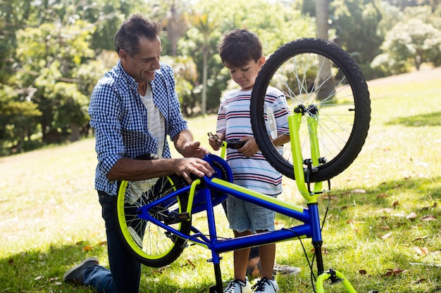 Zoon en vader die hun fiets in park herstellen