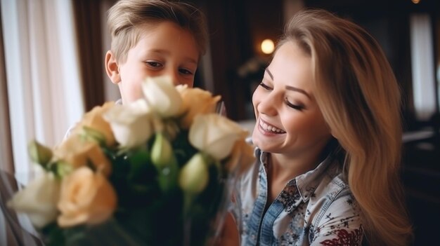 Zoon geeft vrolijke moeder bloemen op Moedersdag