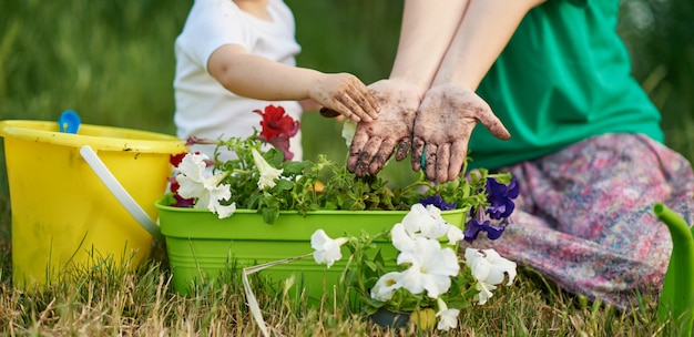 Zorg voor de natuur. Moeder en zoon die zaailing in grond bij de toewijzing op de rivieroever planten. Botanische en ecologie concept.