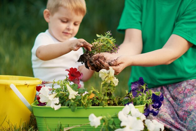 Zorg voor de natuur. moeder en zoon die zaailing in grond bij de toewijzing op de rivieroever planten. botanische en ecologie concept.