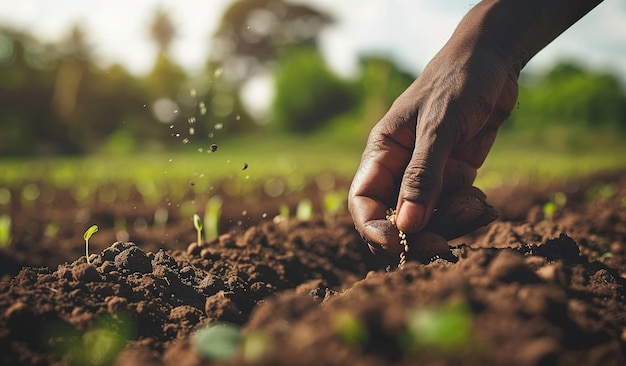 Zorg voor een close-up van de groei van een boer die zaden in vruchtbare bodem onder zonlicht plant