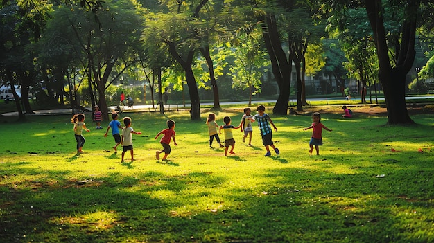 Zorgeloze kinderen die in een zonnig park spelen