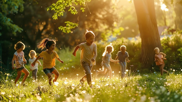 Zorgeloze kinderen rennen op een zonnige weide op een warme zomerdag