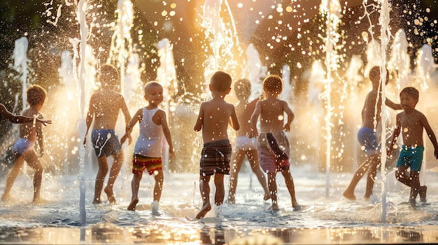 Zorgeloze kinderen spelen op een hete zomerdag in een spetterende fontein