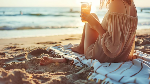 Foto zorgeloze vrouw in een losse jurk ontspant zich op het strand zit op een deken met haar voeten in het zand met een verfrissend drankje in haar hand en kijkt